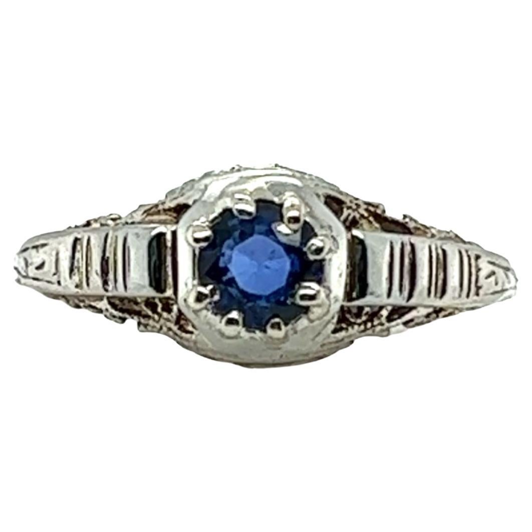 Art Deco Sapphire Ring 1/2ct Round Solitaire Filigree Original 1930's Antique For Sale