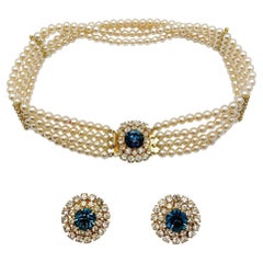 vintage sapphire crystal and pearl choker and earrings 1980s