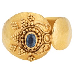 Vintage Sapphire Cuff Ring 22k Yellow Gold Sz 6 Wide Band Greek Jewelry