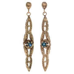 VIntage Sapphire Dangle Earrings, 14k Yellow Gold Pierced Round Cut .76ctw