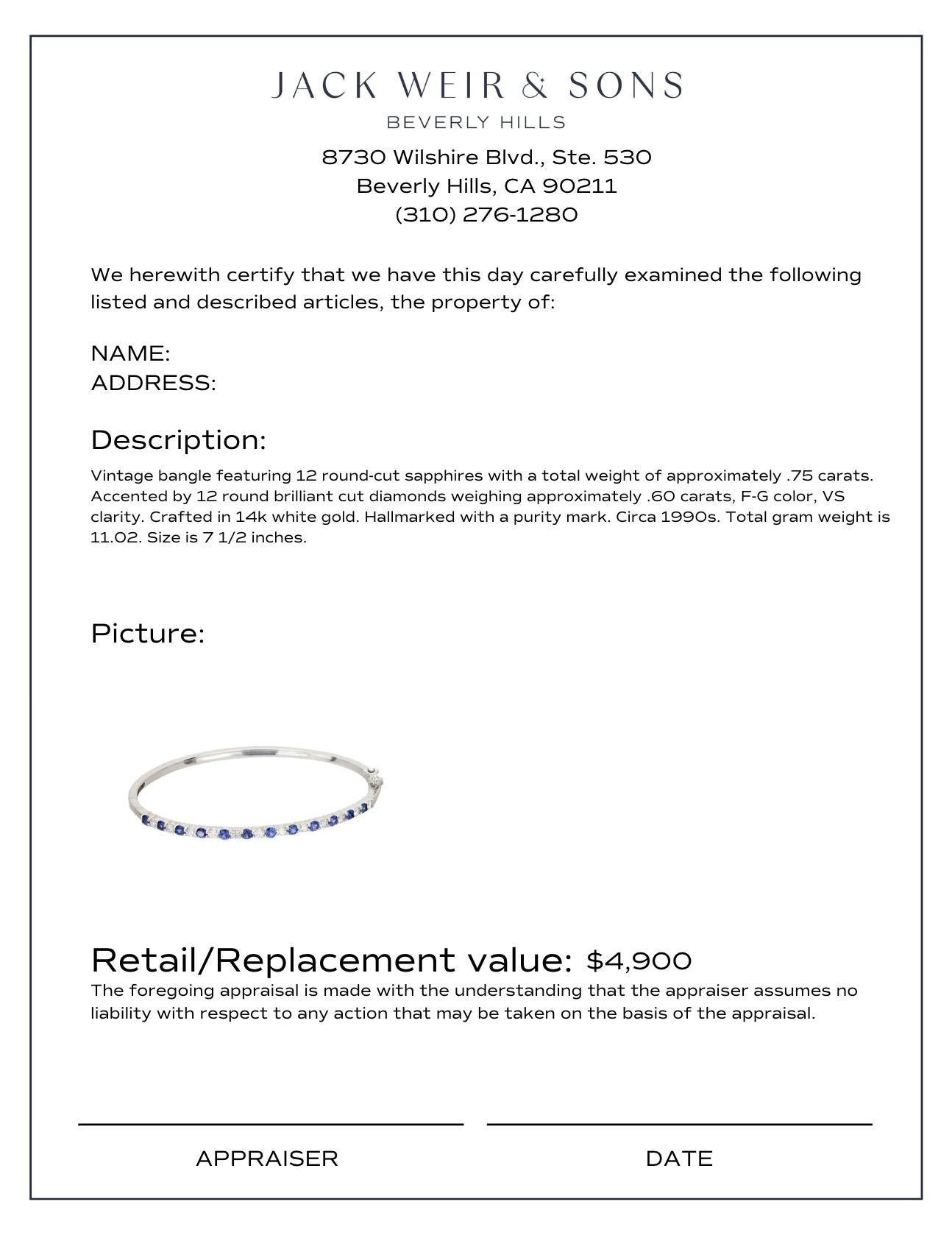 Round Cut Vintage sapphire diamond 14k white gold bangle