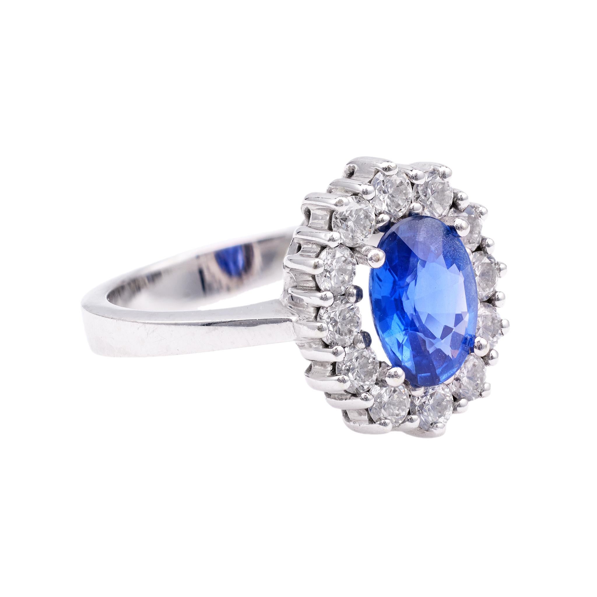 Women's or Men's Vintage Sapphire Diamond 14k White Gold Cluster Ring For Sale