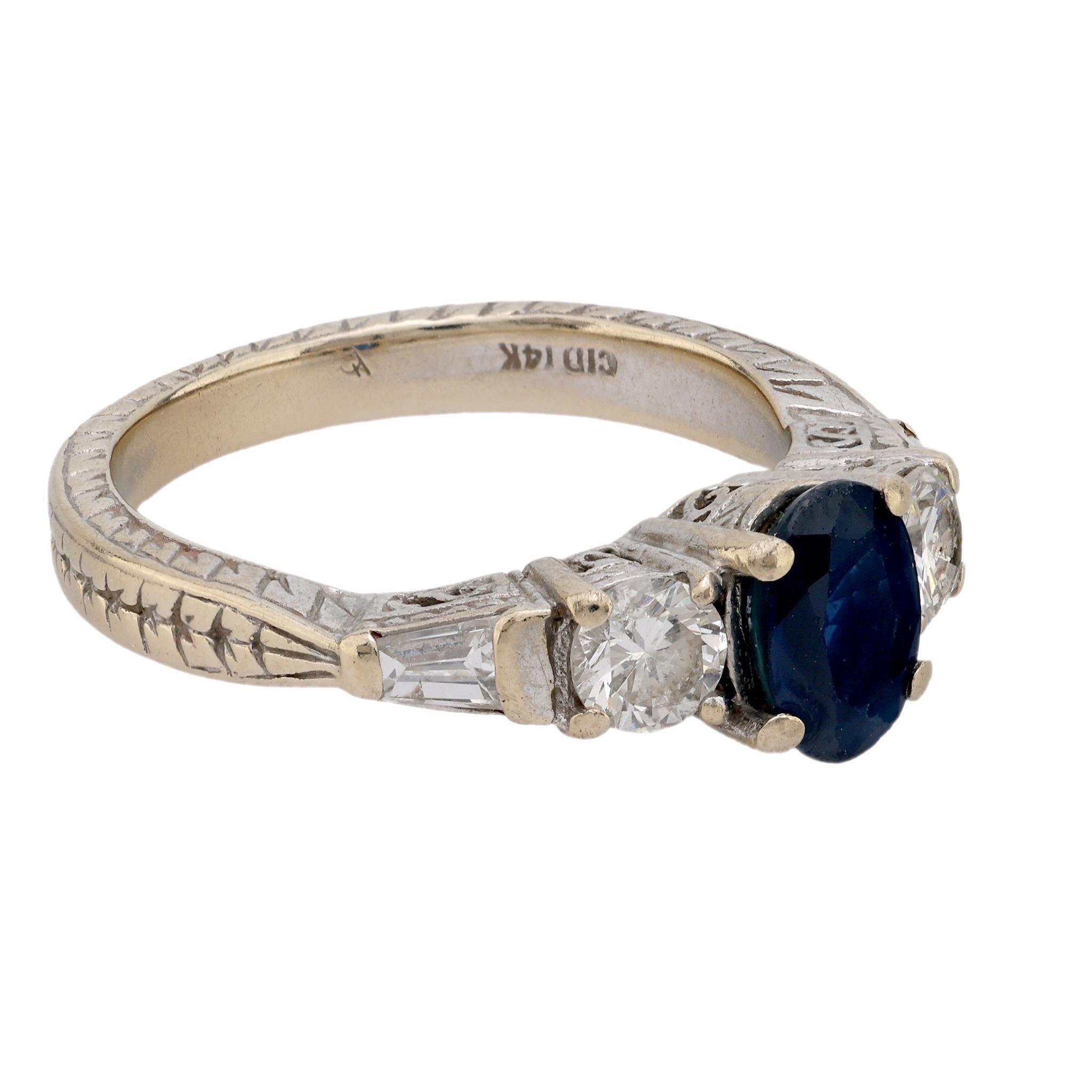 Modern Vintage sapphire diamond 14k white gold ring