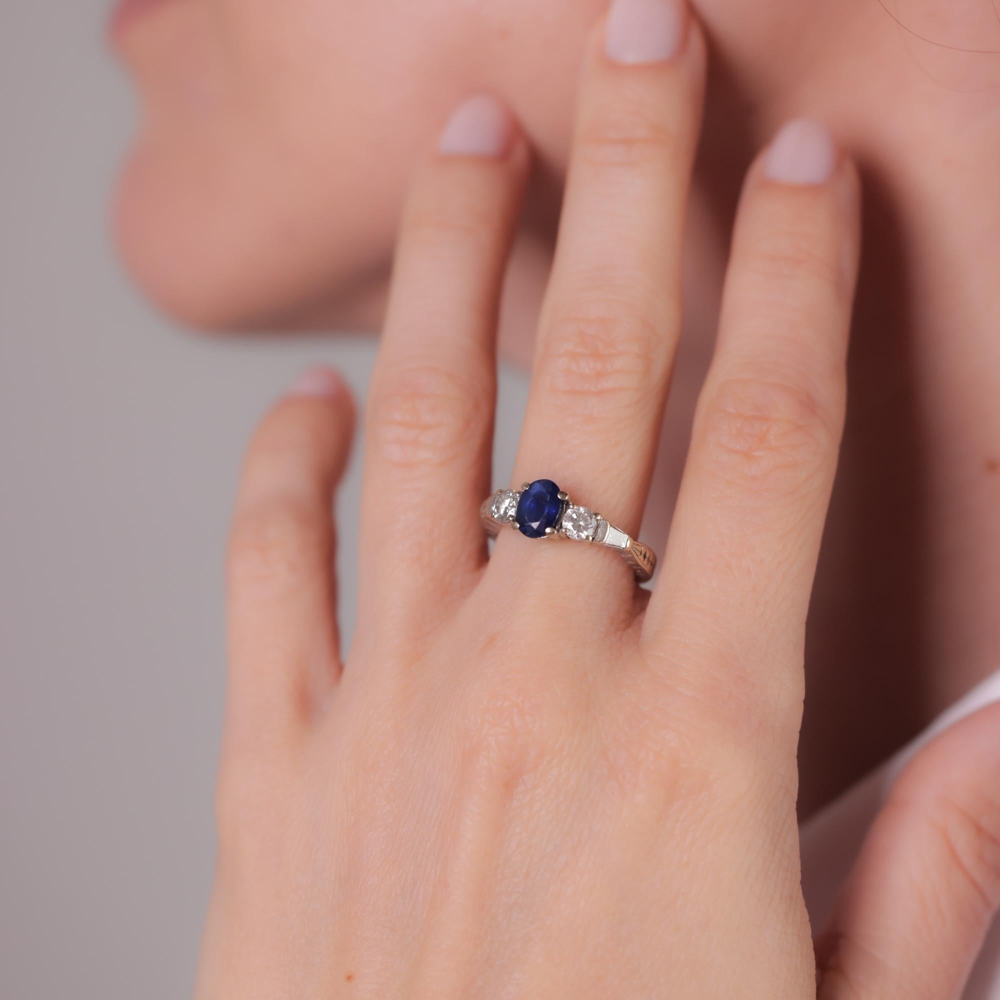Oval Cut Vintage sapphire diamond 14k white gold ring