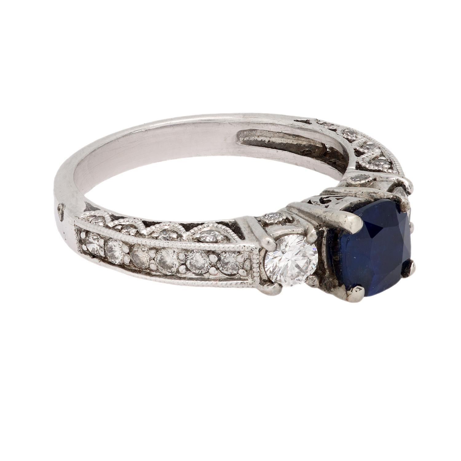 Vintage sapphire diamond 14k white gold ring (Kissenschliff)
