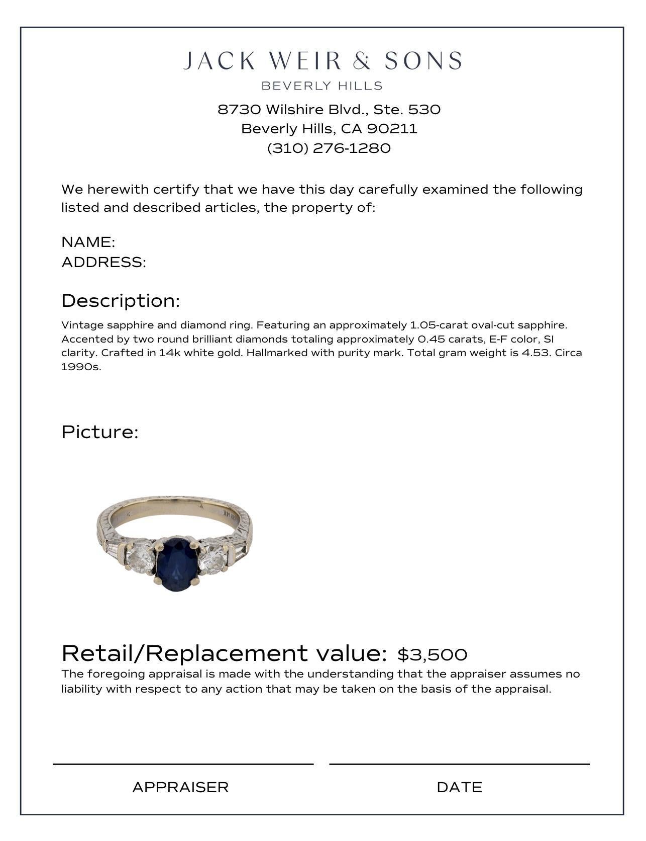 Vintage sapphire diamond 14k white gold ring In Excellent Condition In Beverly Hills, CA