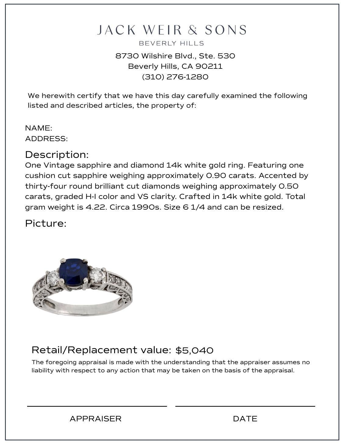Vintage sapphire diamond 14k white gold ring Damen