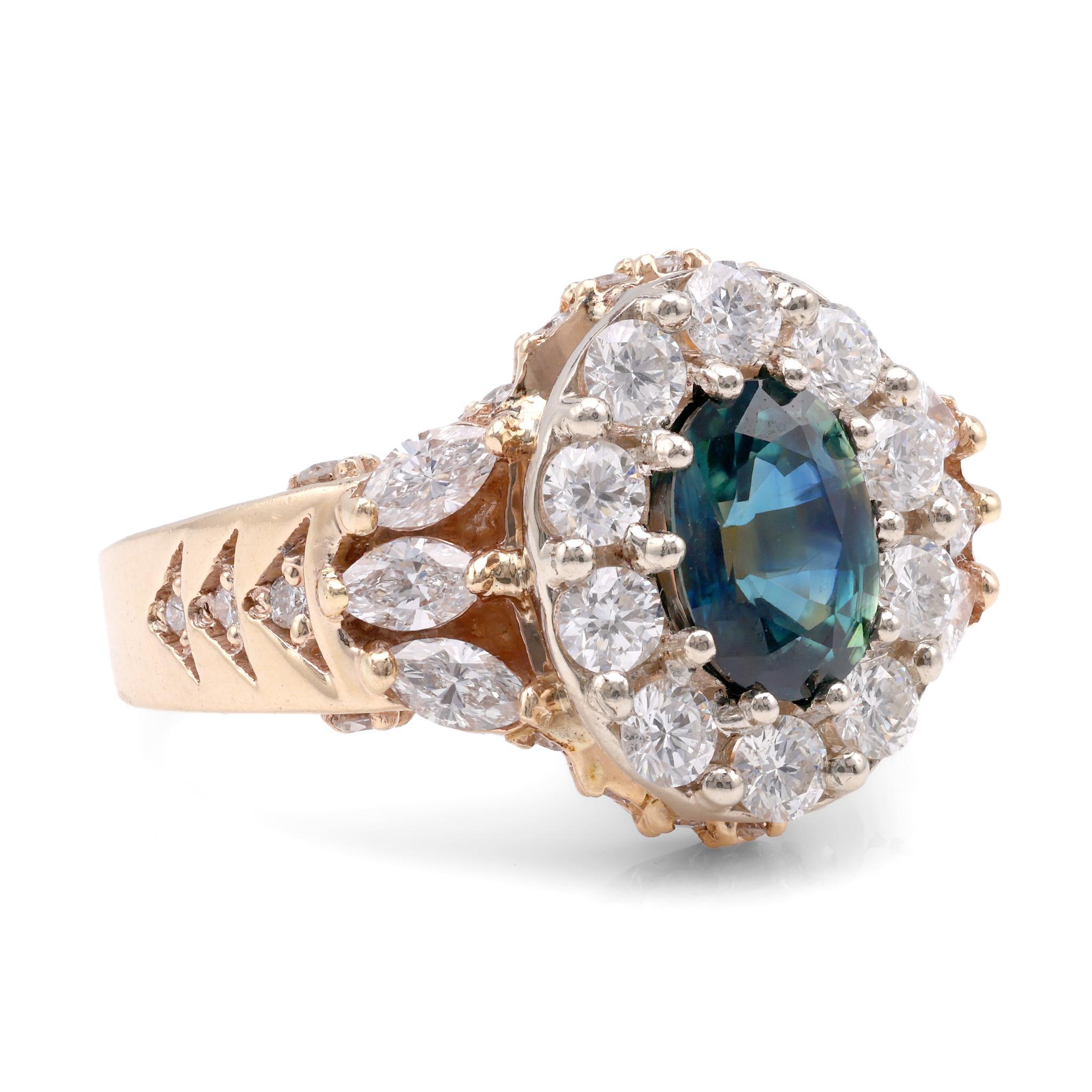Oval Cut Vintage Sapphire Diamond 14K Yellow Gold Cluster Ring