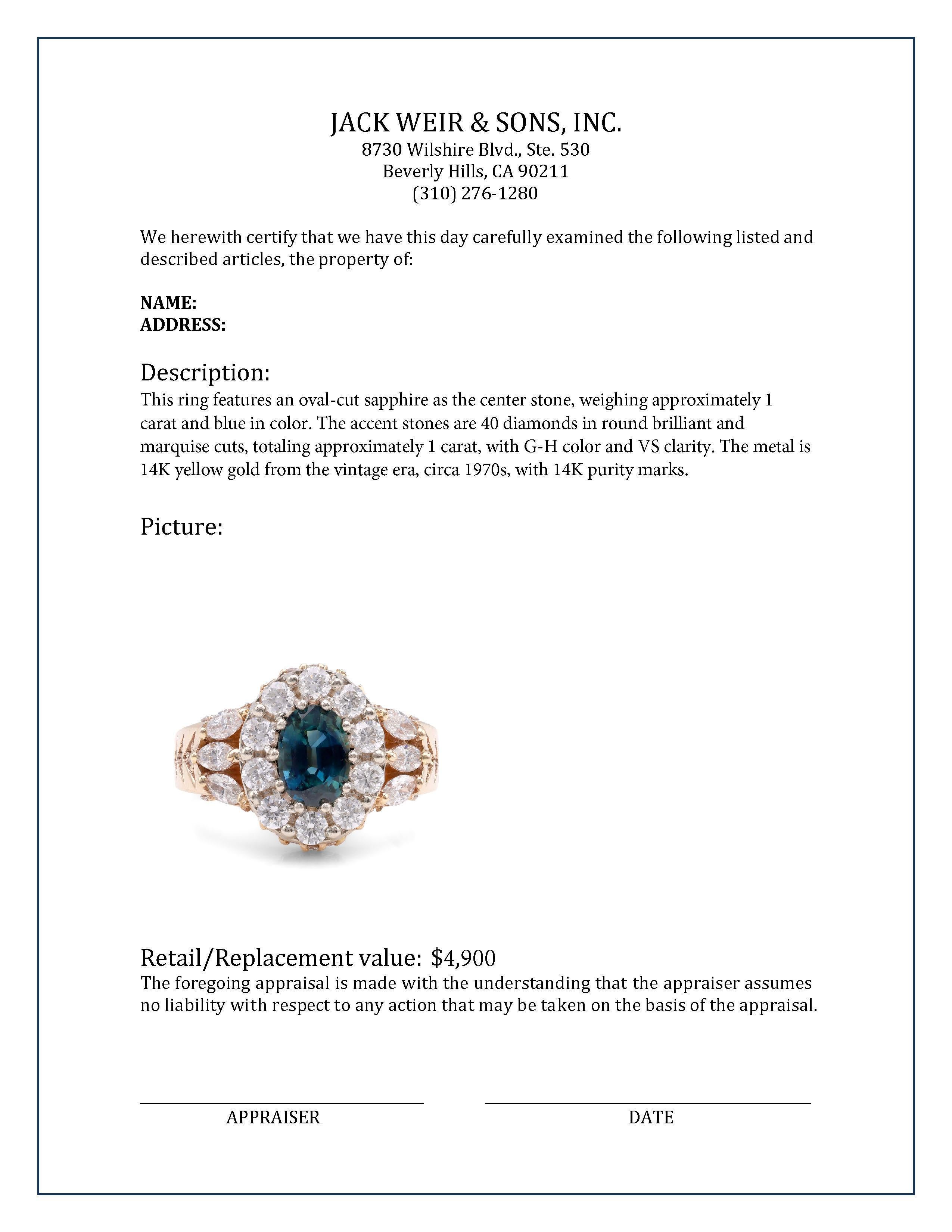 Vintage Sapphire Diamond 14K Yellow Gold Cluster Ring In Excellent Condition In Beverly Hills, CA