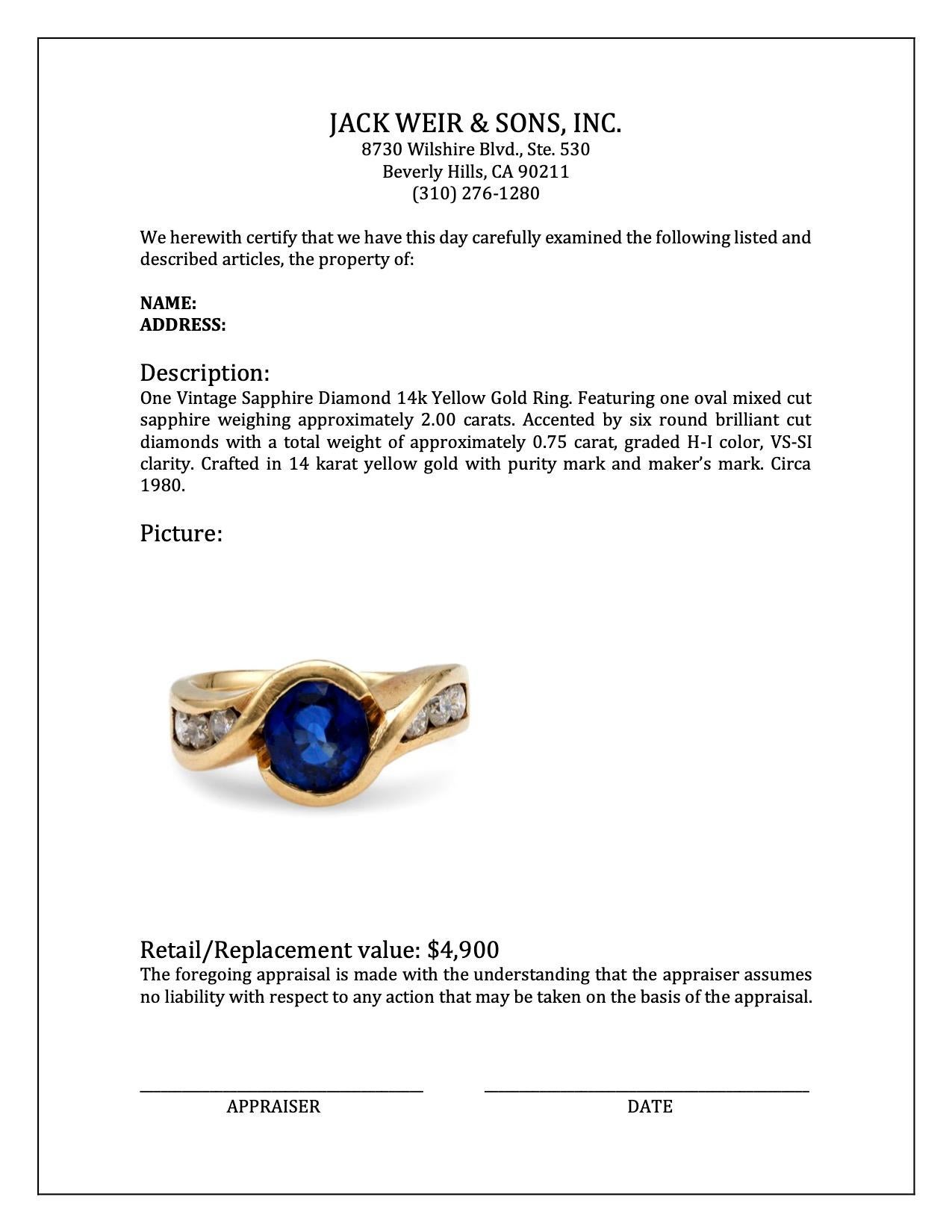 Vintage Sapphire Diamond 14k Yellow Gold Ring For Sale 1