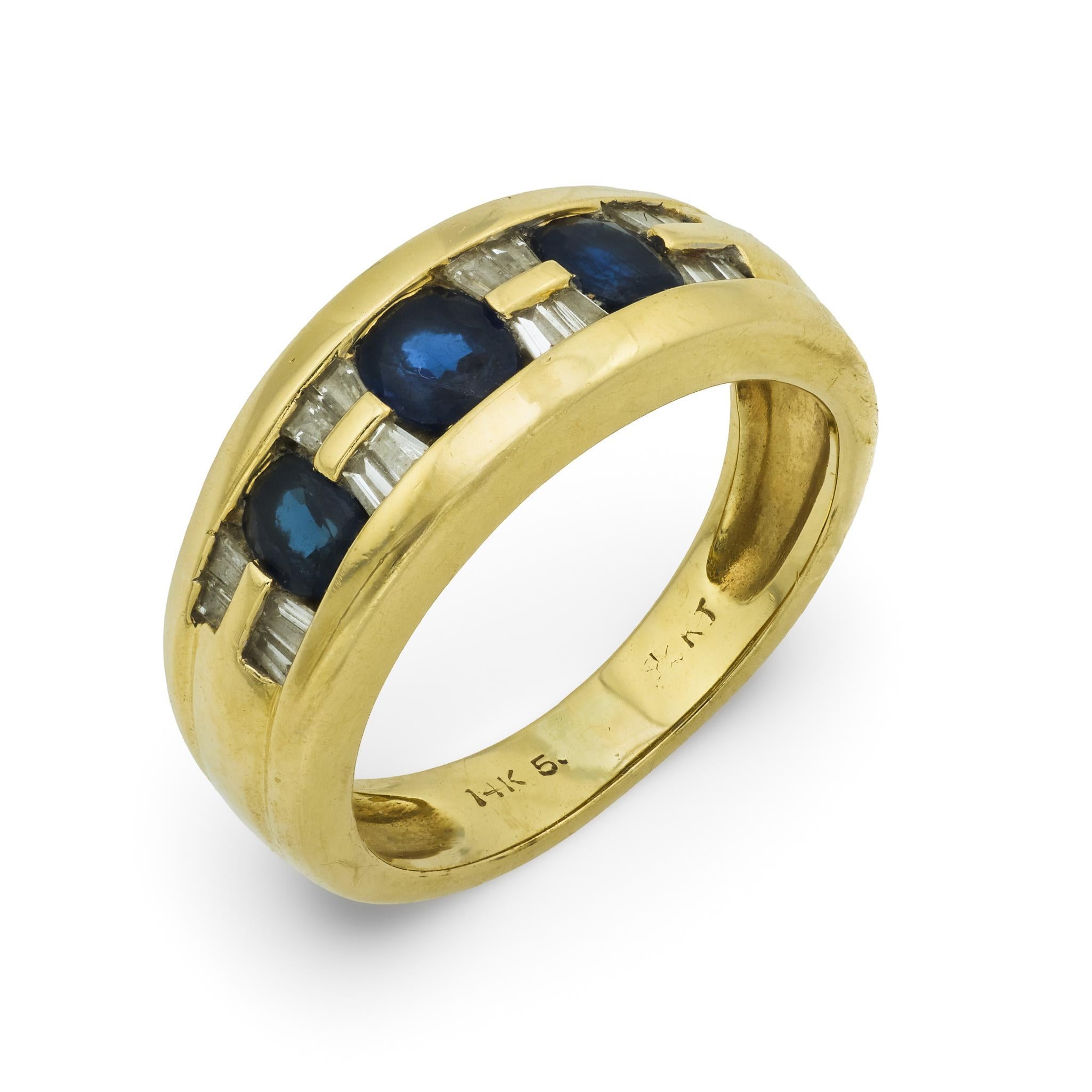Bague vintage en or jaune 14k avec saphir et diamant Pour femmes en vente