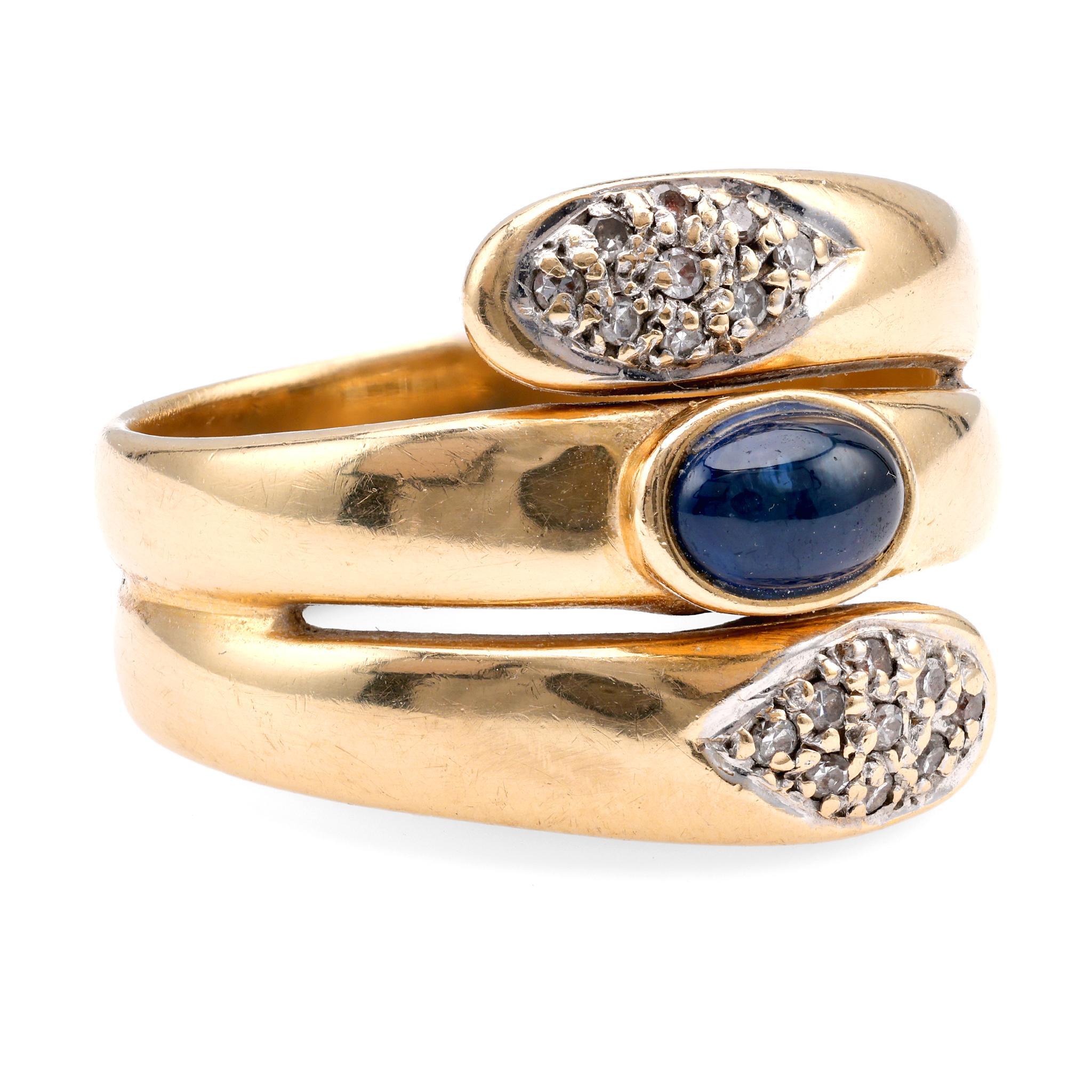 Cabochon Vintage Sapphire Diamond 14K Yellow Gold Snake Wrap Ring