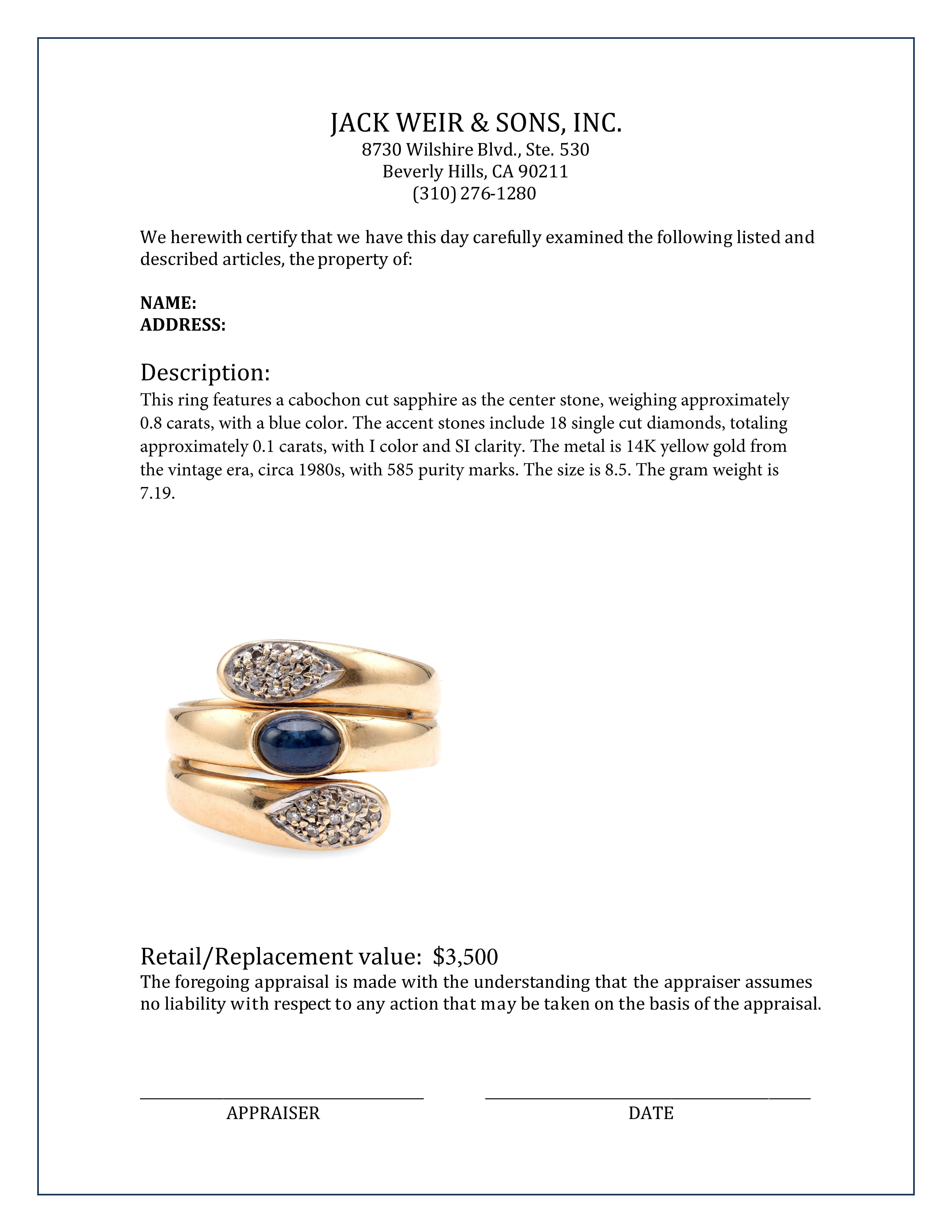 Vintage Sapphire Diamond 14K Yellow Gold Snake Wrap Ring In Excellent Condition In Beverly Hills, CA