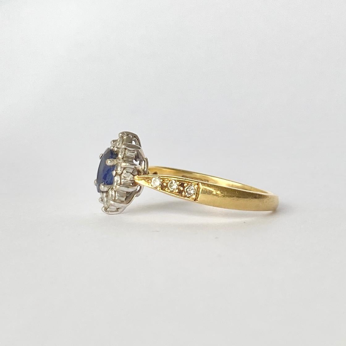 Modern Vintage Sapphire Diamond 18 Carat Yellow Gold Cluster Ring