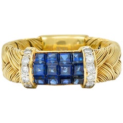 Vintage Sapphire Diamond 18 Karat Gold Wheat Band Ring