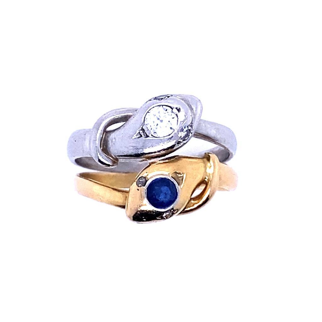 Vintage Schlangenring aus 18 Karat Gelbgold mit Saphiren und Diamanten, um 1960 im Zustand „Gut“ im Angebot in London, GB