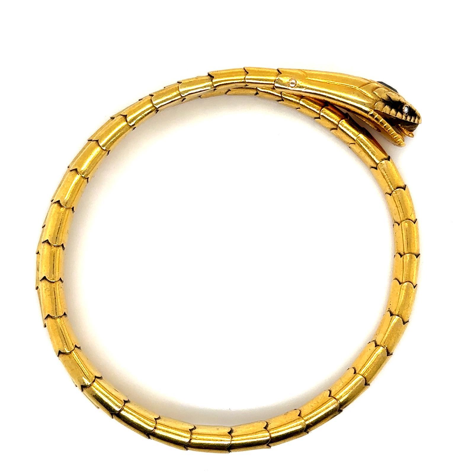 Vintage Sapphire Diamond 18 Karat Yellow Gold Snake Flexible Bracelet For Sale 4
