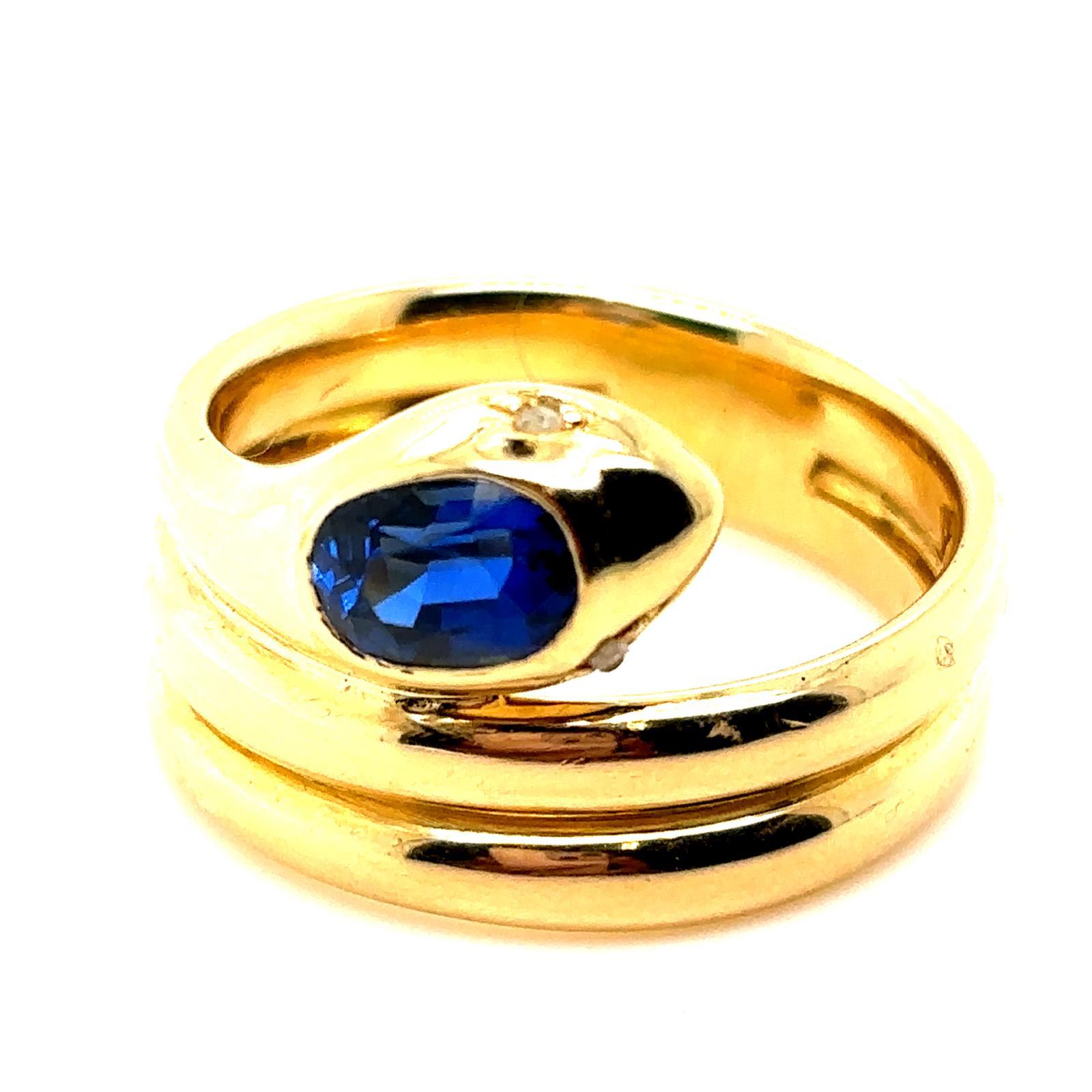 Vintage Sapphire Diamond 18 Karat Yellow Gold Snake Ring, Circa 1970 For Sale 5