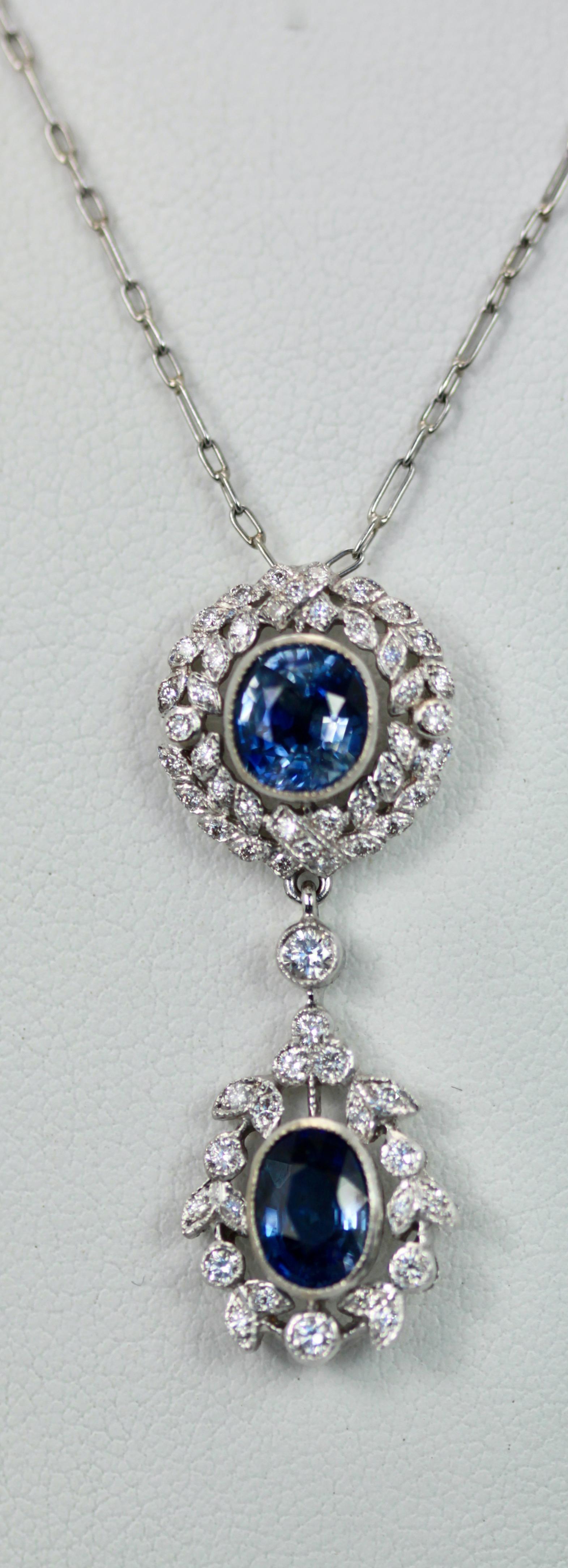 Vintage Sapphire Diamond 18K Drop Necklace 2 Carats For Sale 1