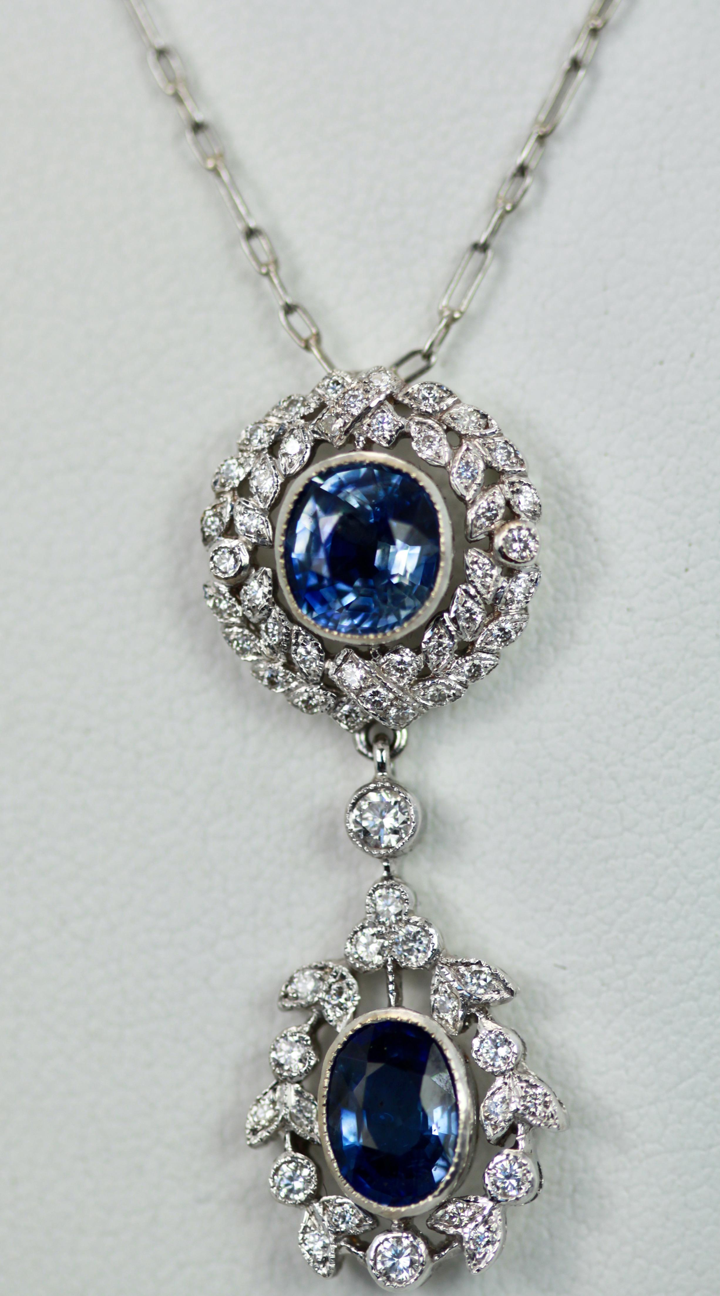 Vintage Sapphire Diamond 18K Drop Necklace 2 Carats For Sale 2