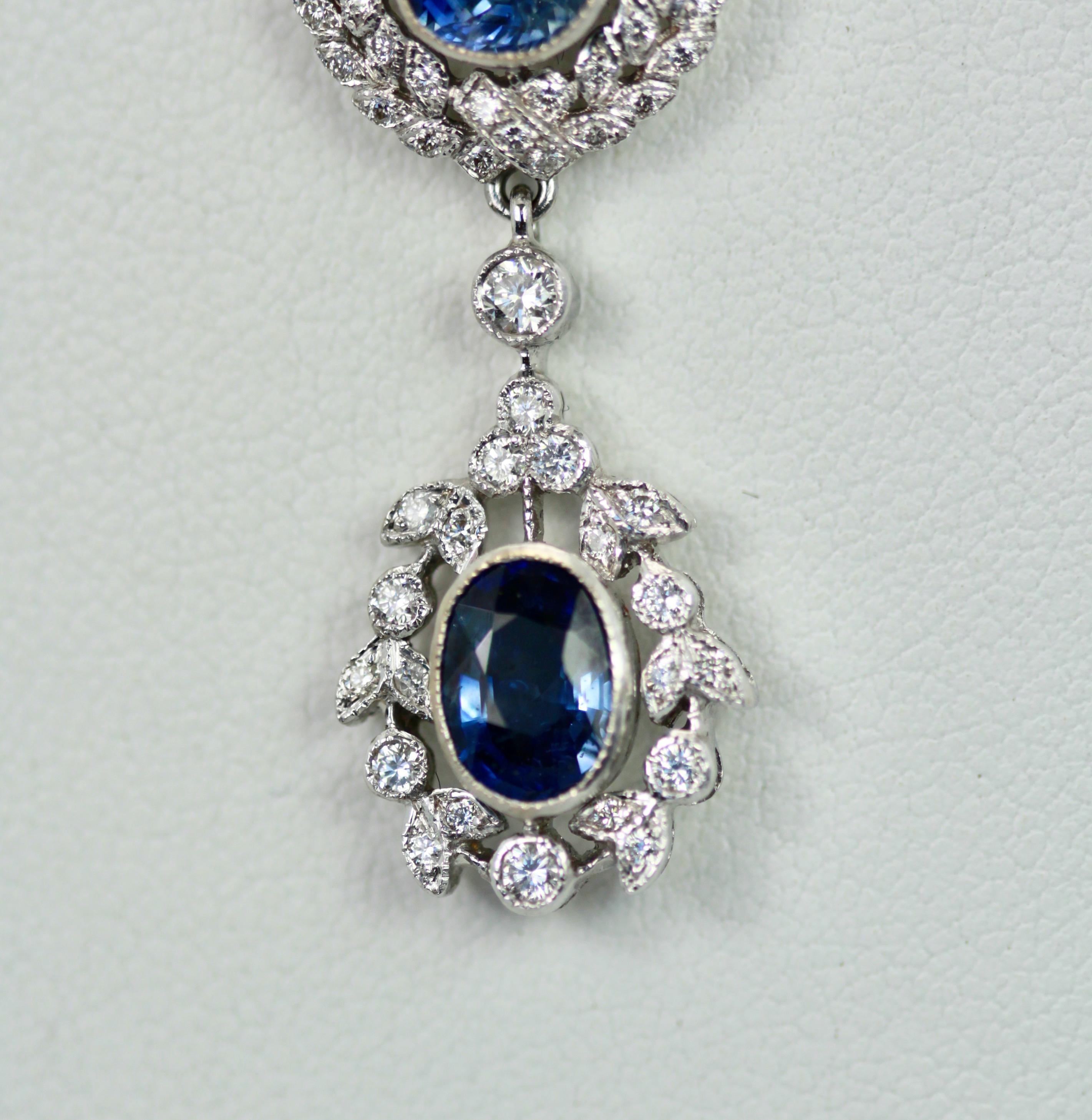 Modern Vintage Sapphire Diamond 18K Drop Necklace 2 Carats For Sale