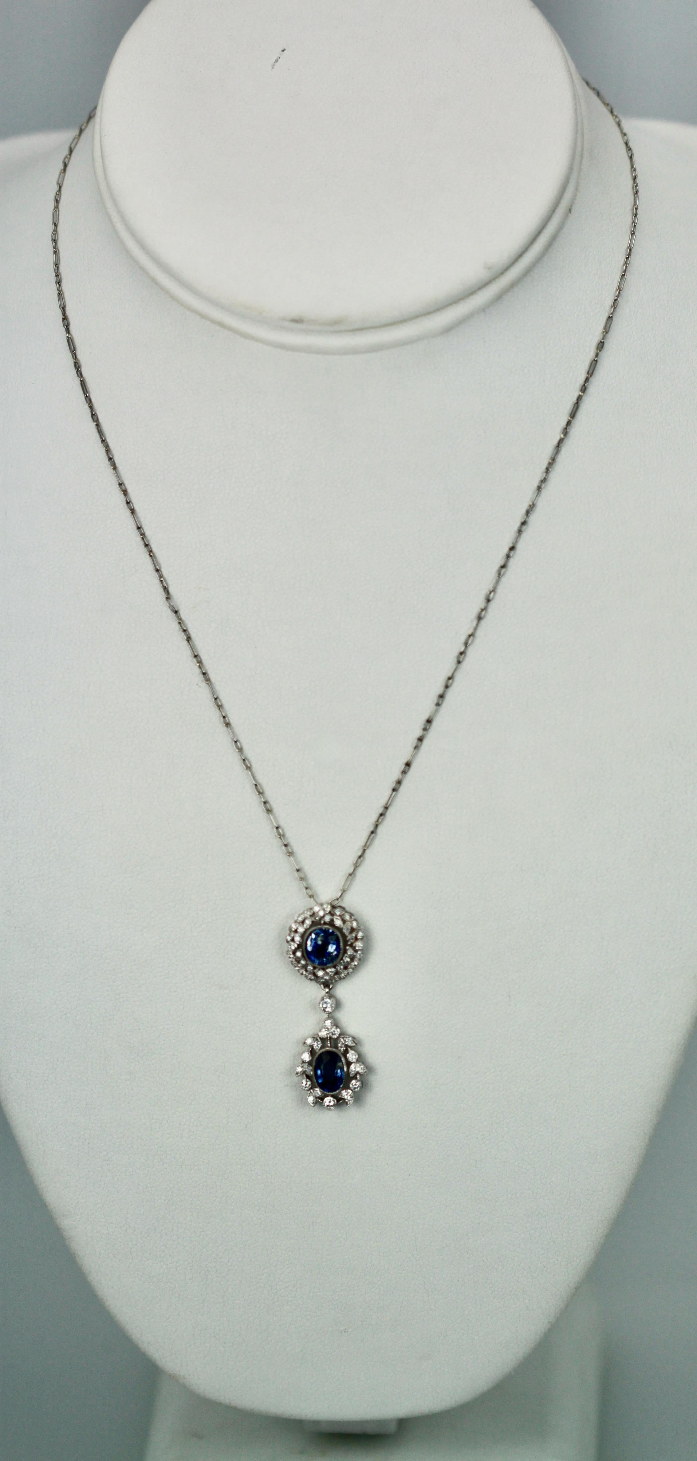 Round Cut Vintage Sapphire Diamond 18K Drop Necklace 2 Carats For Sale