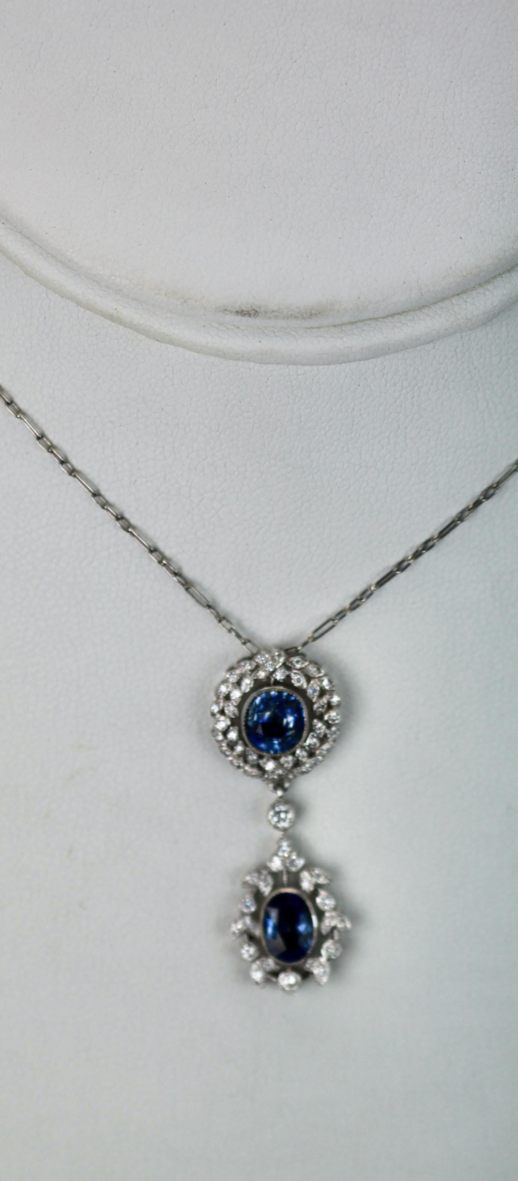 Women's Vintage Sapphire Diamond 18K Drop Necklace 2 Carats For Sale