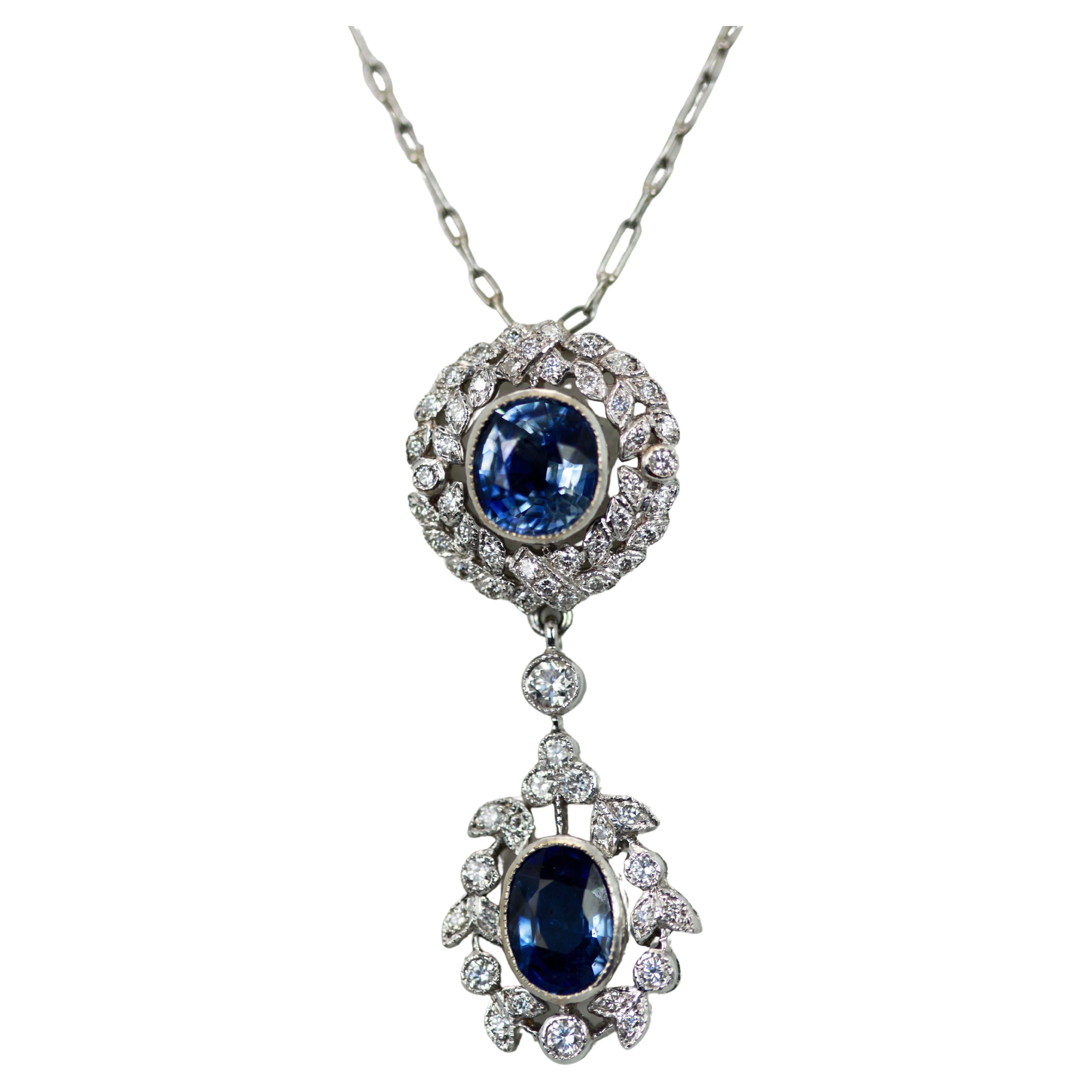 Vintage Sapphire Diamond 18K Drop Necklace 2 Carats For Sale