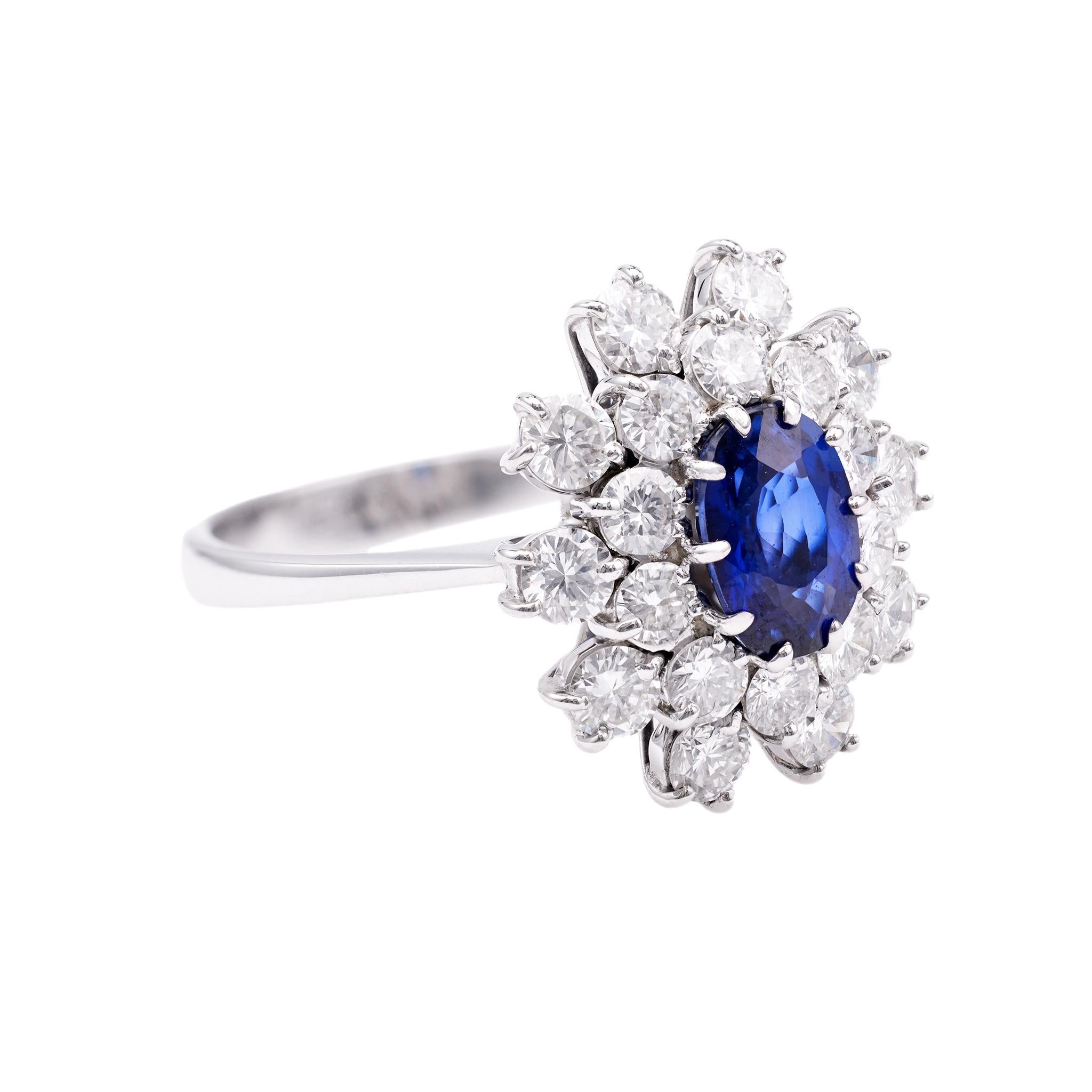 Women's or Men's Vintage Sapphire Diamond 18k White Gold Cluster Ring For Sale