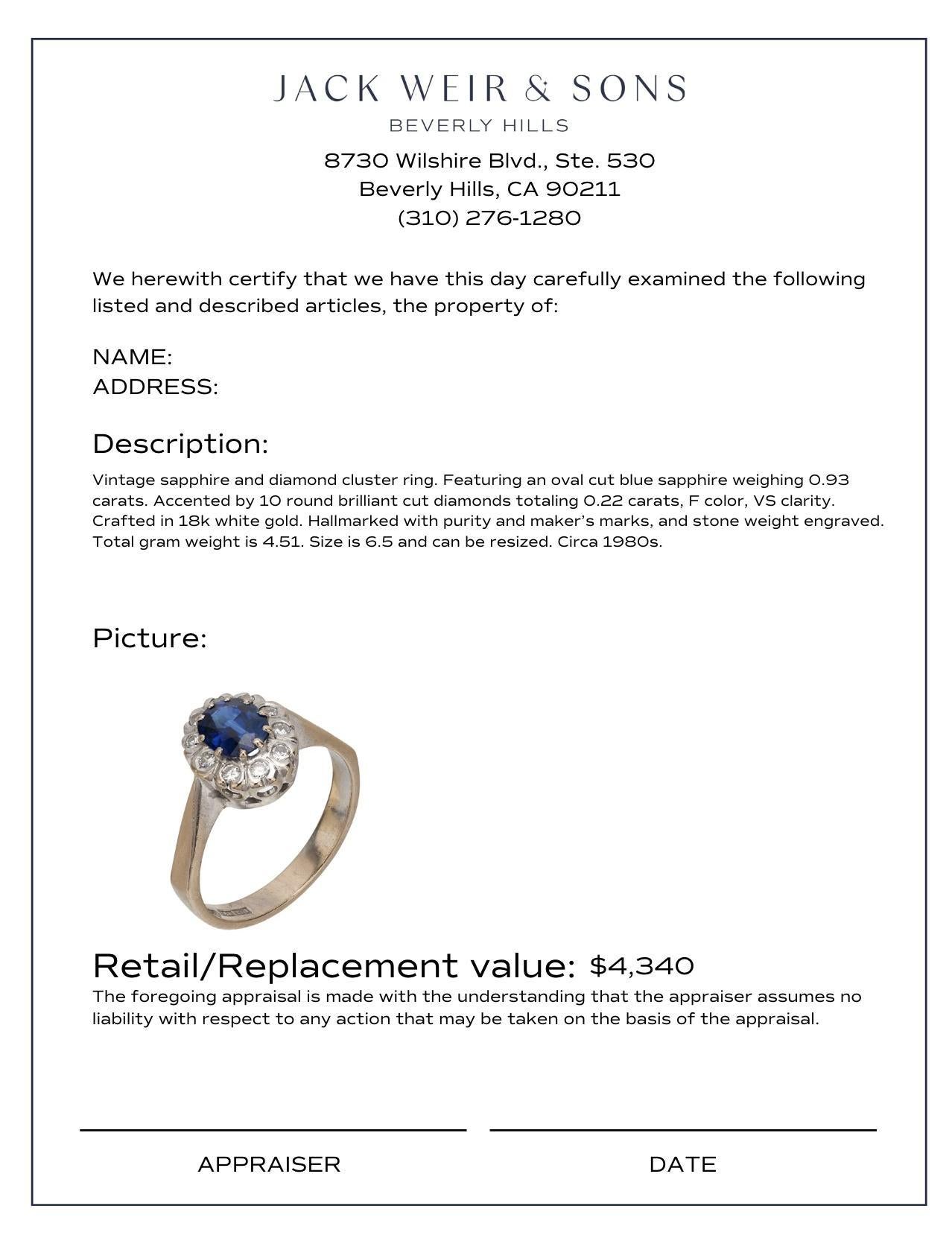 Vintage Saphir-Diamant-Cluster-Ring aus 18 Karat Weißgold im Zustand „Hervorragend“ im Angebot in Beverly Hills, CA