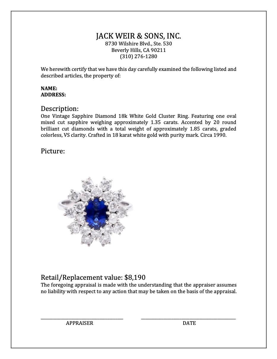 Vintage Sapphire Diamond 18k White Gold Cluster Ring For Sale 1