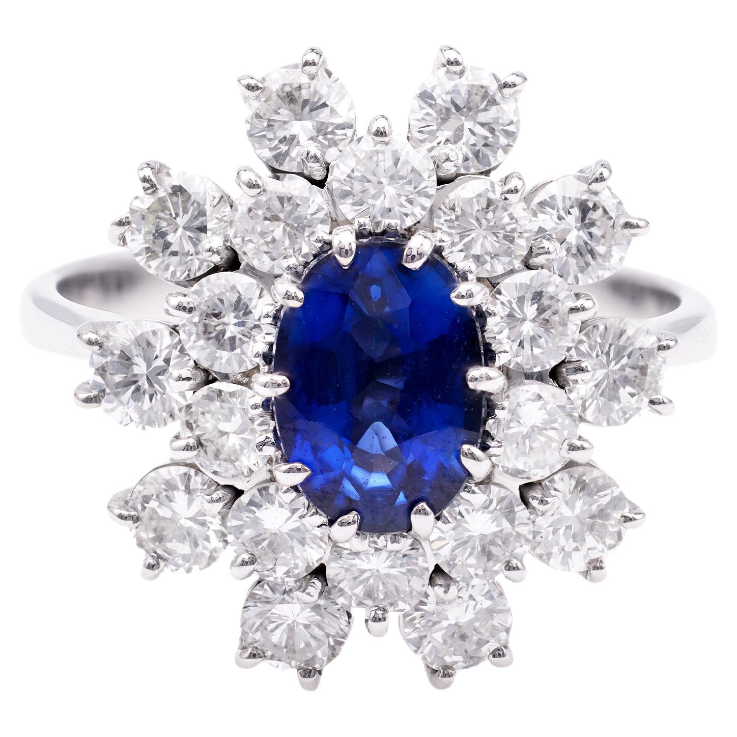 Vintage Sapphire Diamond 18k White Gold Cluster Ring For Sale
