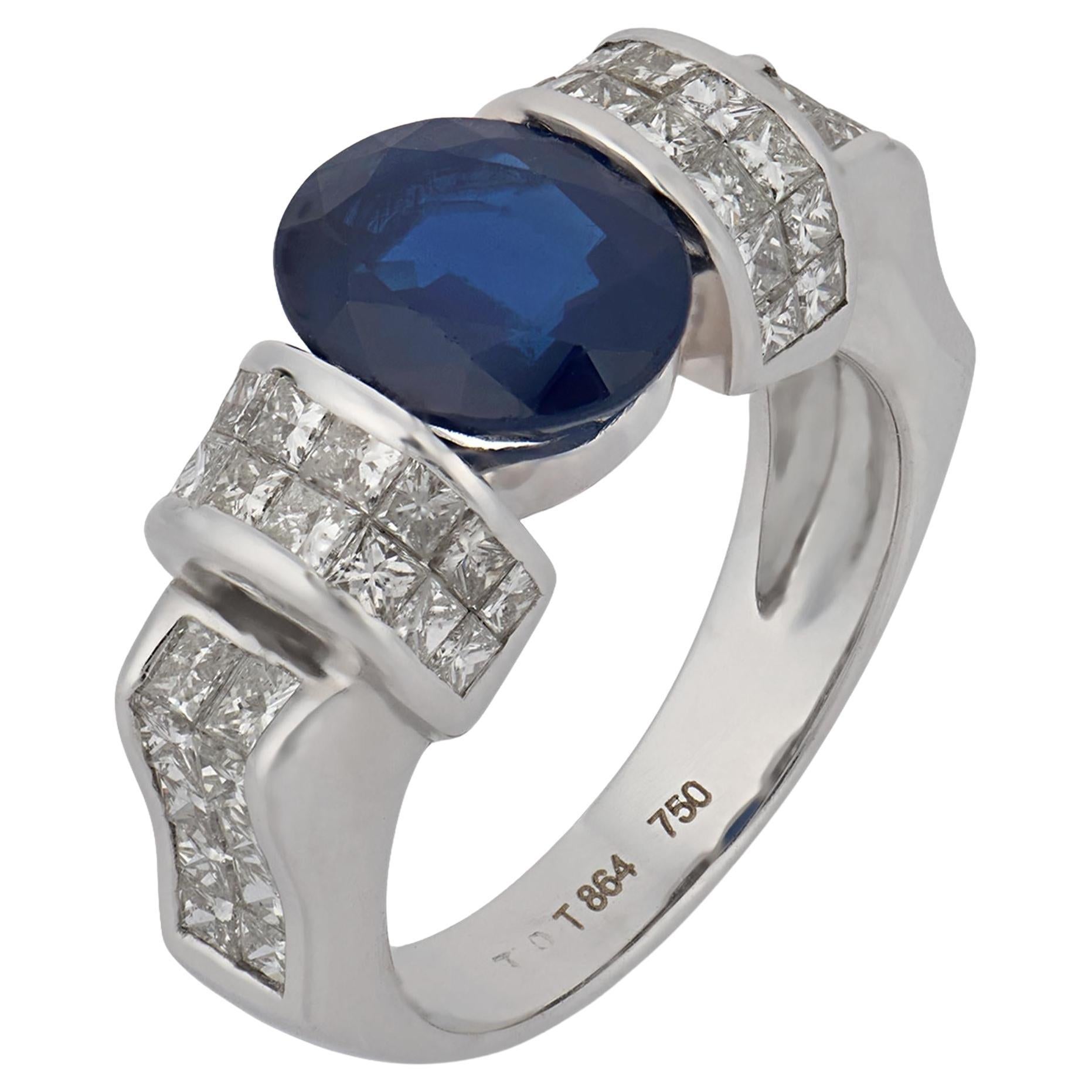 Anillo vintage zafiro diamante oro blanco 18k