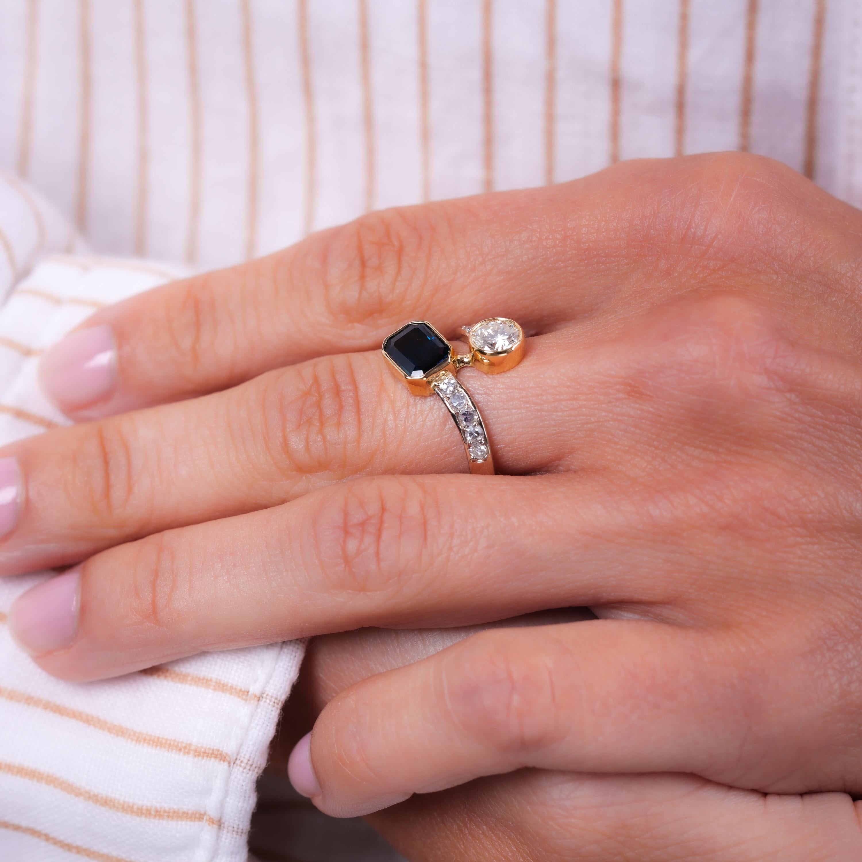 Emerald Cut Vintage Sapphire Diamond 18K Yellow Gold Bypass Ring