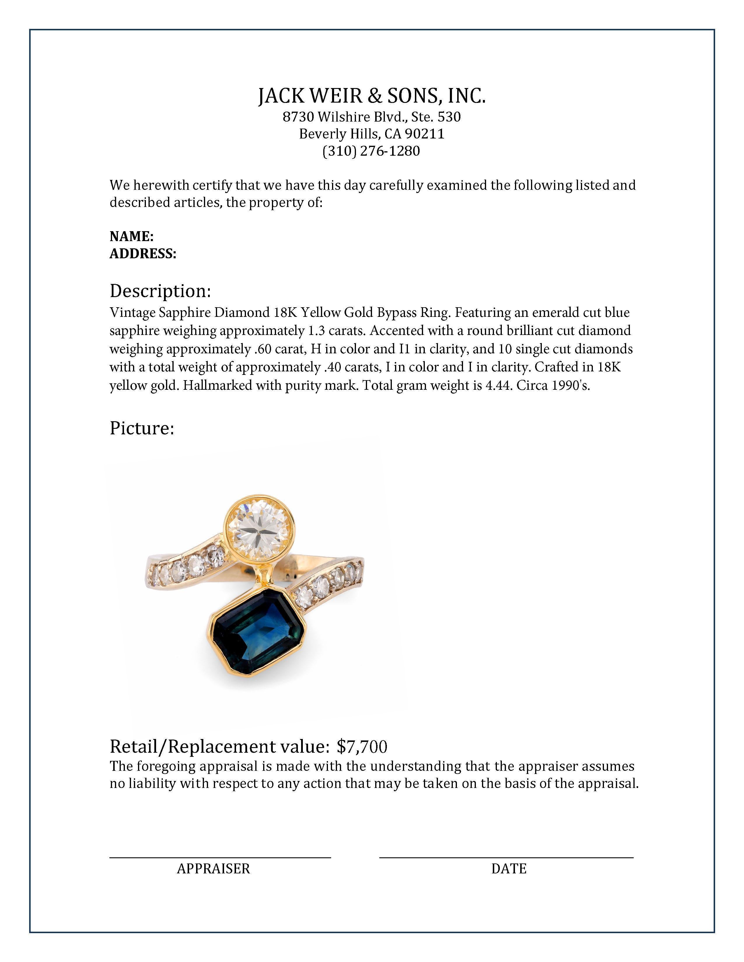 Vintage Sapphire Diamond 18K Yellow Gold Bypass Ring In Excellent Condition In Beverly Hills, CA