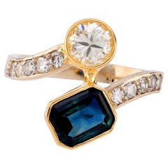 Vintage Sapphire Diamond 18K Yellow Gold Bypass Ring