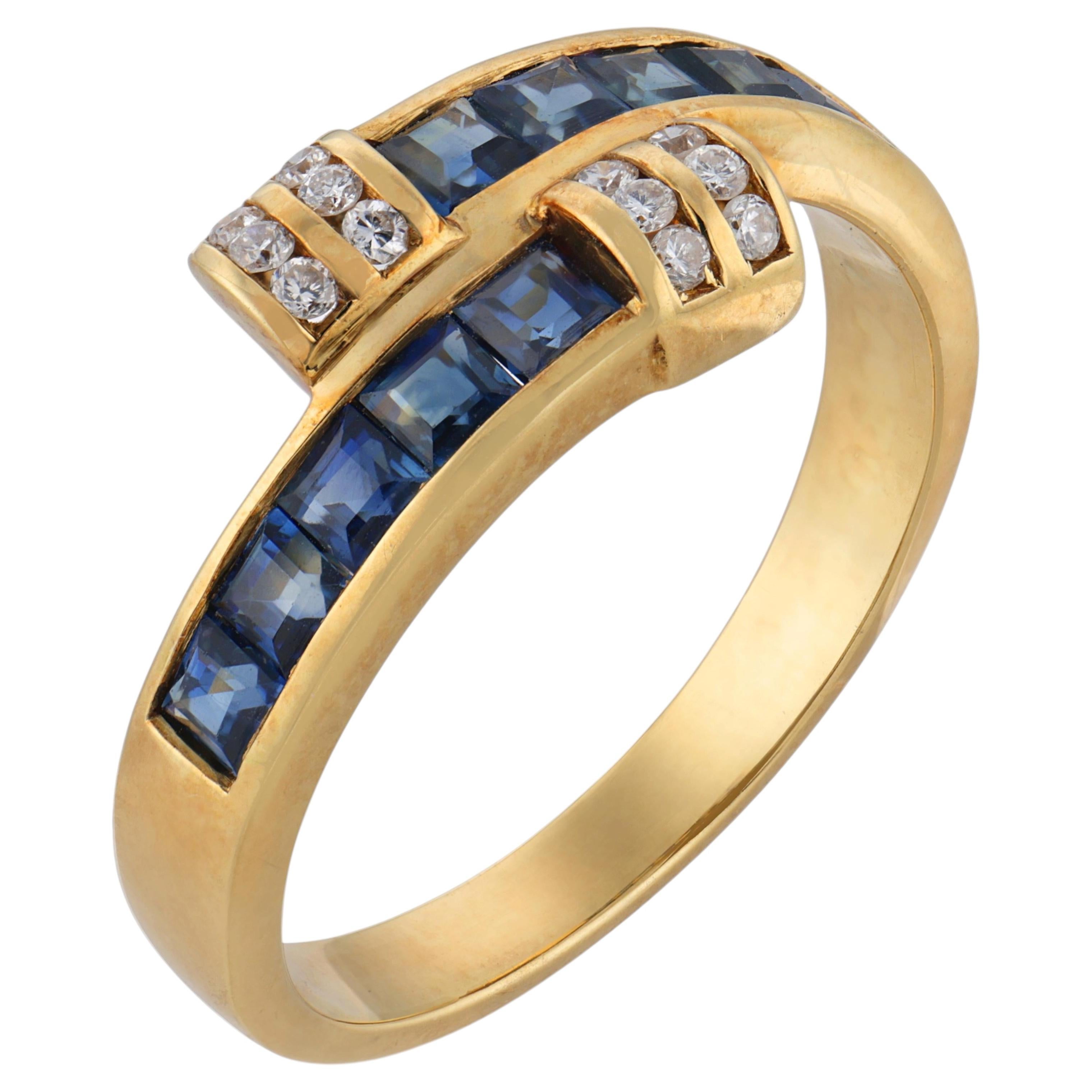 Vintage-Bypass-Ring aus 18-karätigem Gelbgold mit Saphir und Diamanten