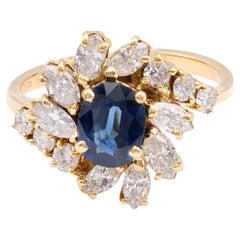 Vintage Sapphire Diamond 18K Yellow Gold Cluster Ring