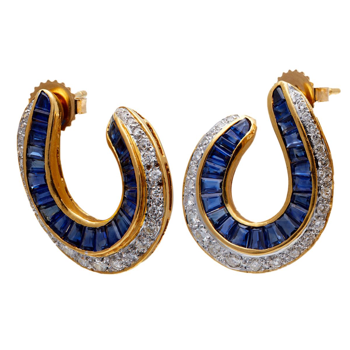 Women's or Men's Vintage Sapphire Diamond 18k Yellow Gold Hoop Earrings