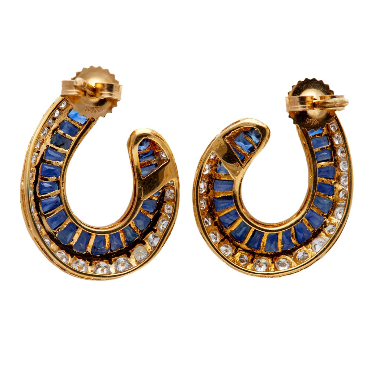 Vintage Sapphire Diamond 18k Yellow Gold Hoop Earrings 1