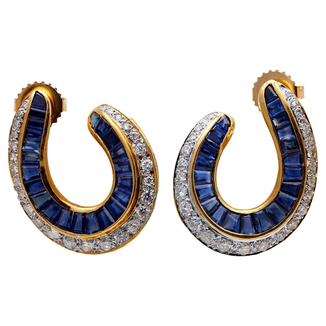 Vintage Sapphire Diamond 18k Yellow Gold Hoop Earrings