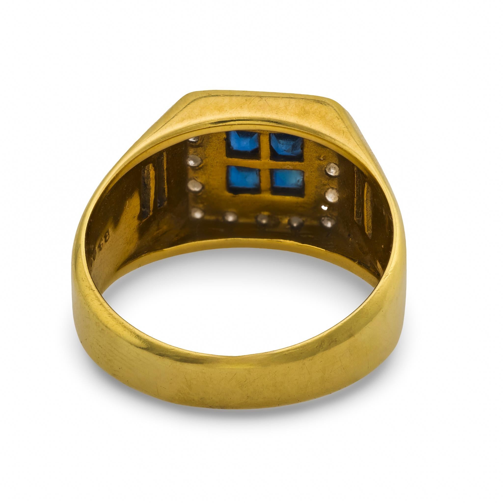 Vintage Saphir Diamant 18k Gelbgold Ring (Carréeschliff) im Angebot