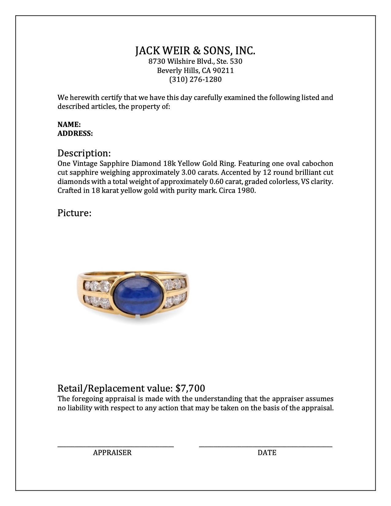 Women's or Men's Vintage Sapphire Diamond 18k Yellow Gold Ring For Sale
