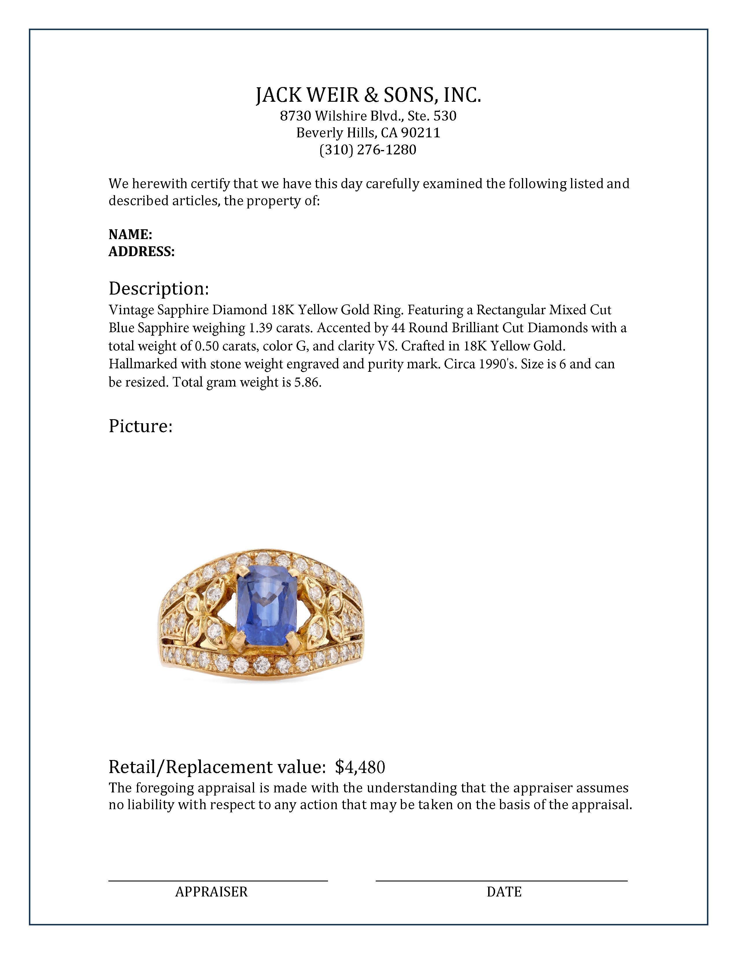 Vintage Sapphire Diamond 18K Yellow Gold Ring In Excellent Condition In Beverly Hills, CA