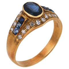 Anello vintage con zaffiro e diamante in oro giallo 18 carati