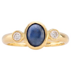 Vintage Sapphire Diamond 18K Yellow Gold Three Stone Ring