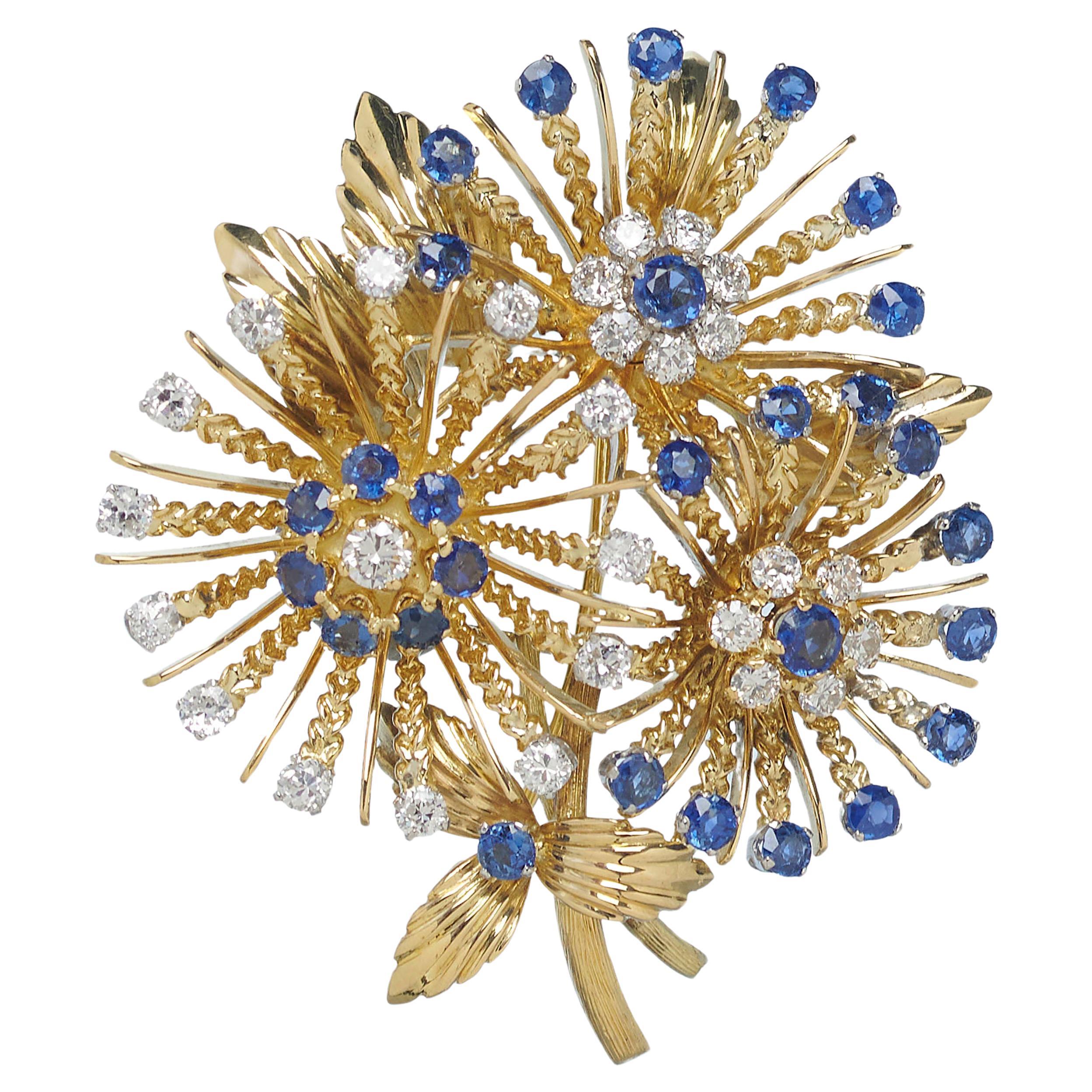 Broche vintage en or 18 carats, saphirs et diamants, c. 1960