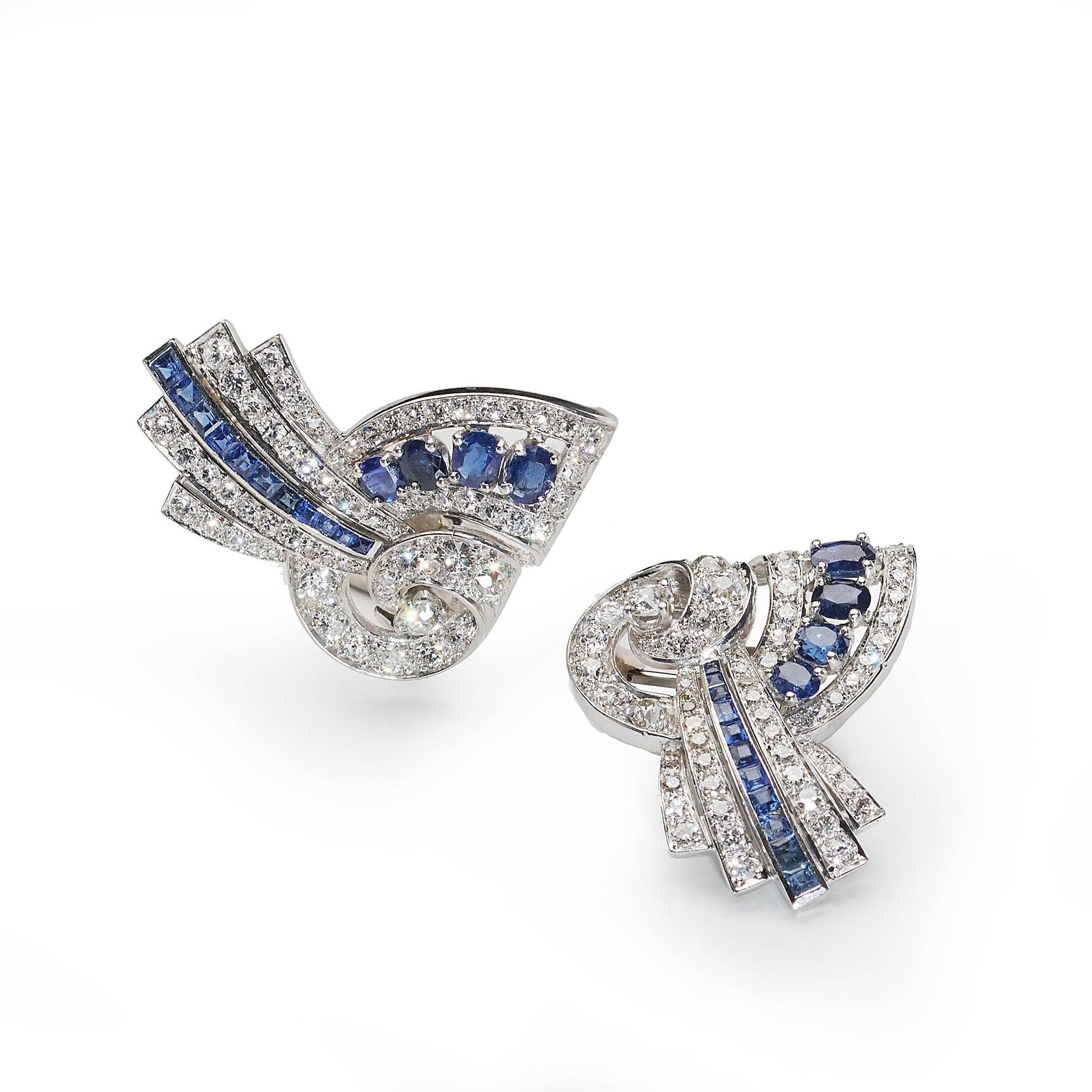 Art Deco Vintage Sapphire, Diamond and Platinum Earrings, circa 1940 For Sale