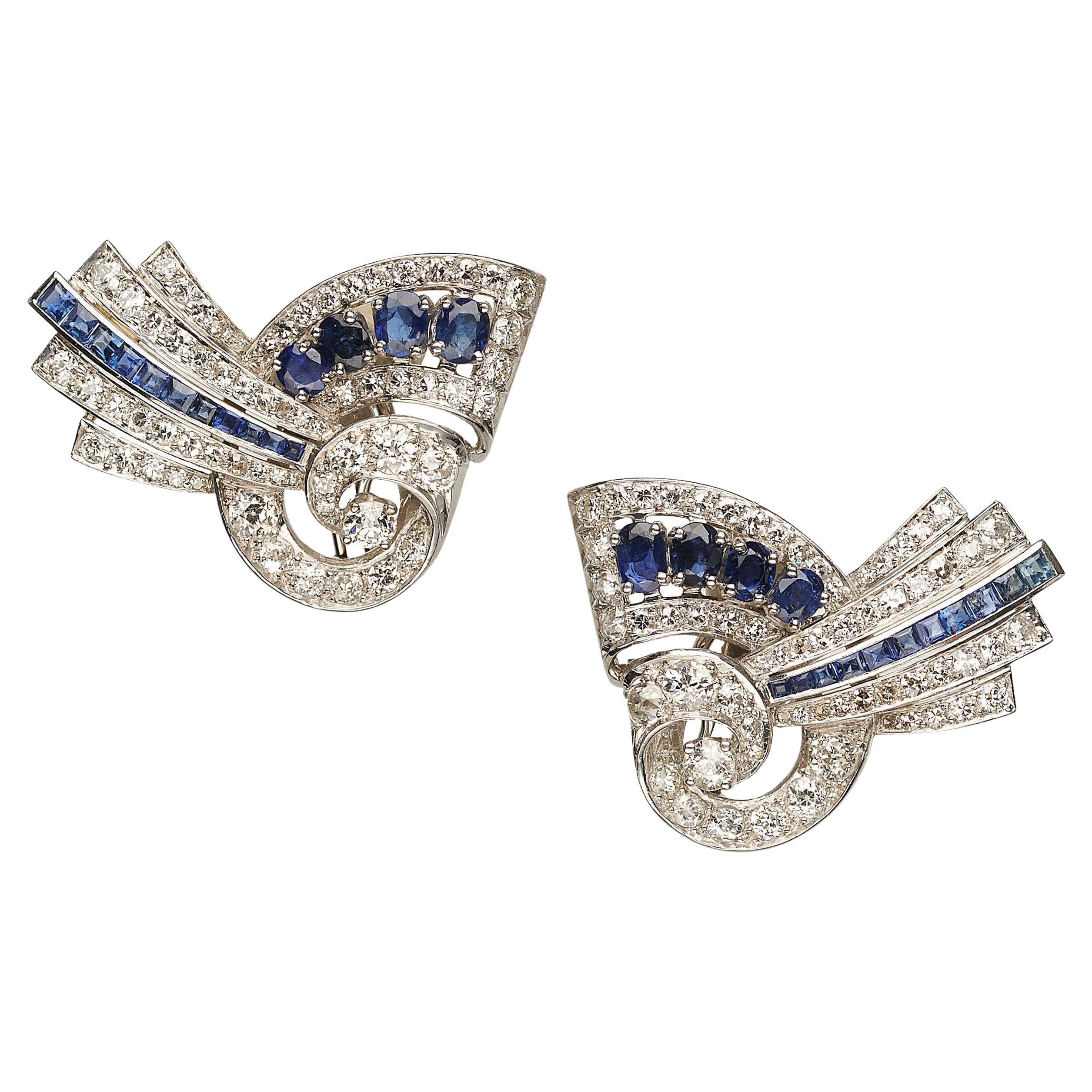 Vintage Sapphire, Diamond and Platinum Earrings, circa 1940 For Sale