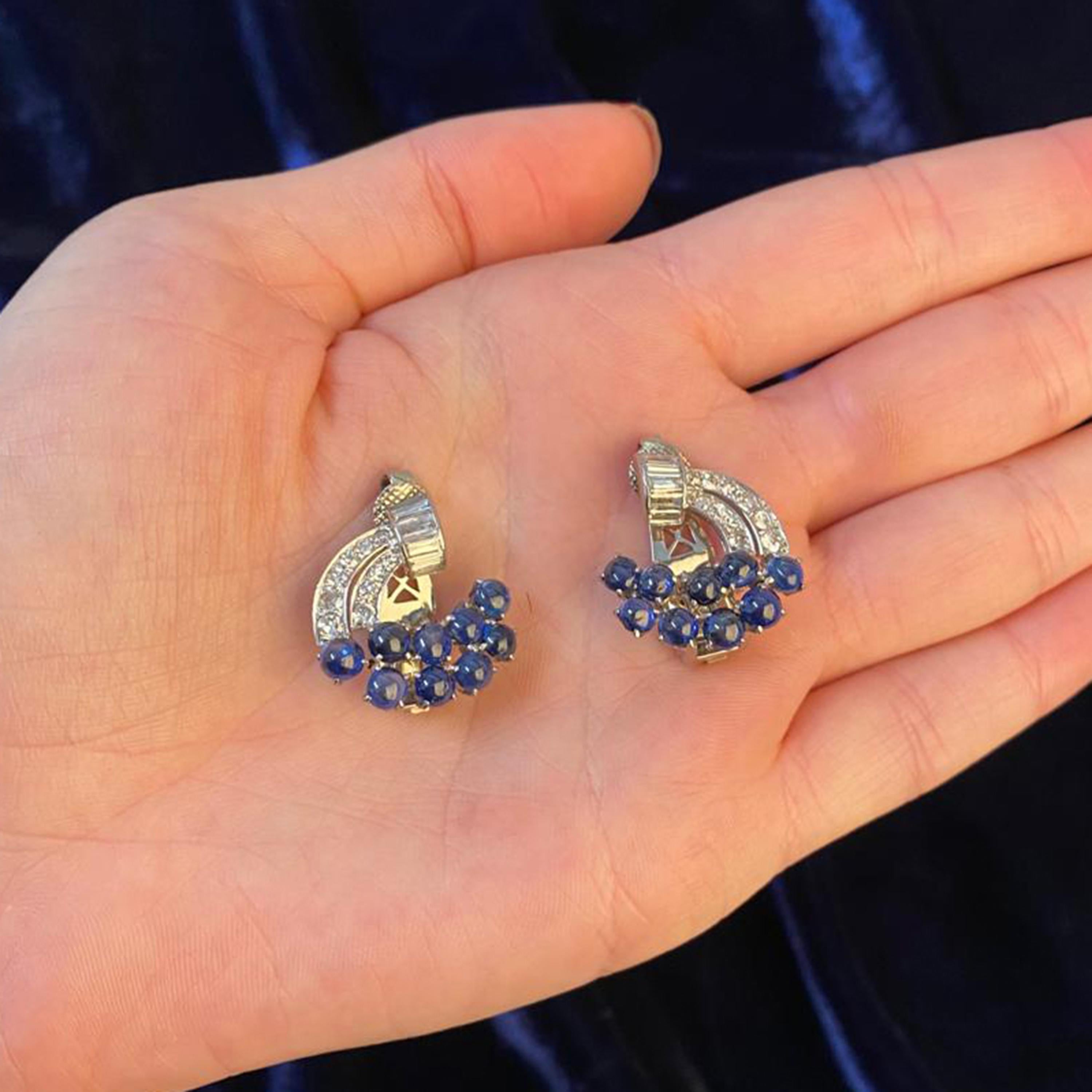 Cabochon Vintage Sapphire, Diamond and Platinum Earrings, circa 1950